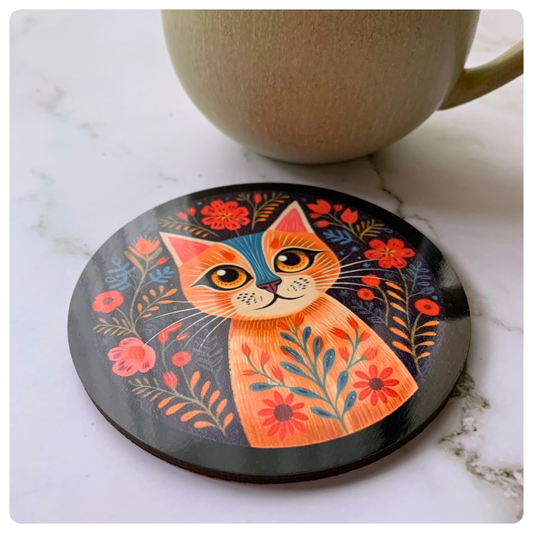 Folk Art Cat on Black- Coaster